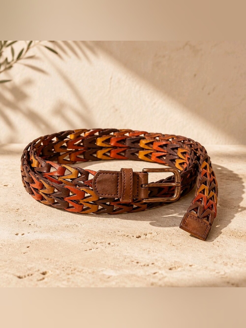 Vintage-Inspired Tri-Color Braided Leather Belt – Boho Chevron Woven Design